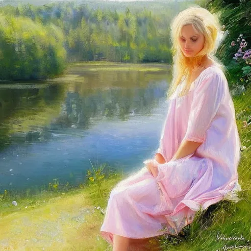 Image similar to blonde woman, nightgown, swedish countryside, archipelago, morning, masterpiece, highly detailed, beautiful, atmospheric, impressionism, painting by Vladimir Volegov