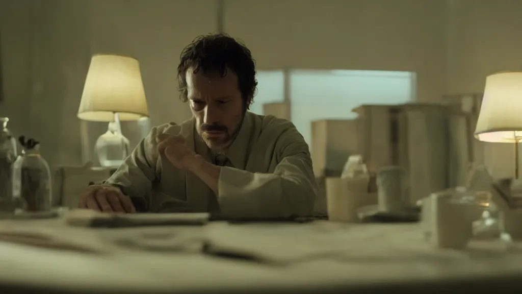 Image similar to Using Stable Diffusion for the first time and staying up way past your bedtime, man bleary eyed at a computer, film still from the movie directed by Denis Villeneuve with art direction by Salvador Dalí, wide lens