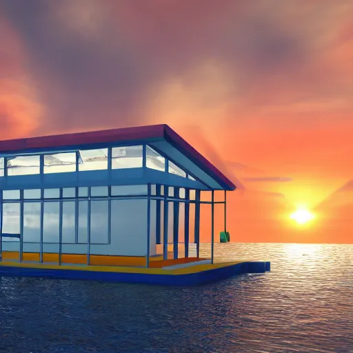 Image similar to a Walmart public restroom floating in the middle of the ocean, sunset, beautiful, ultra realistic digital art, 4k, cgsociety, HDR, Intricate, trending on artstation