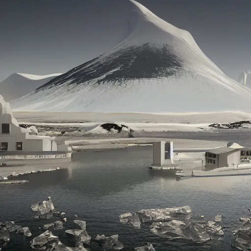 Prompt: a beautiful lot of white egg shaped museum buildings are fused together, in the iceland calm water, no trees ， hyper detailed, 8 k, unreal engine, hdr, dof human perspective ， by kazuyo sejima and hiroshi sugimoto