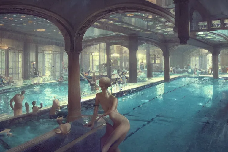 Prompt: 1920's art deco indoor pool scene, by Craig Mullins, in the style of blade runner, octane render, unreal engine render, 8k post-processing highly detailed, soft lighting,
