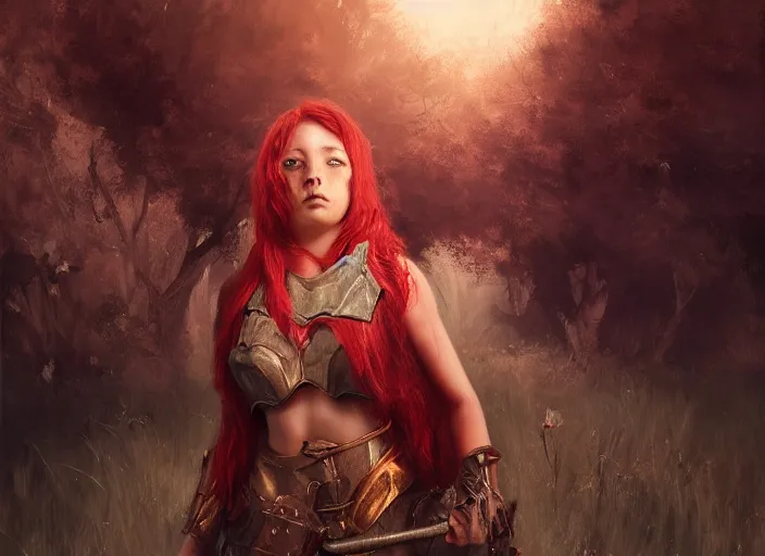 Image similar to landscape, portrait painting beautiful realism, an african girl red hair in wood armor who was sprawled out was about to rise, his face covered in blood. cinematic scene, good lighting, fine art, trending on artstation, smooth draw, sharp focus.