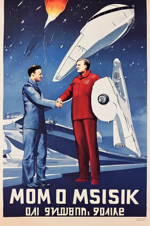 Prompt: elon musk shakes hands with yuri gagarin in front of a starship, soviet style poster