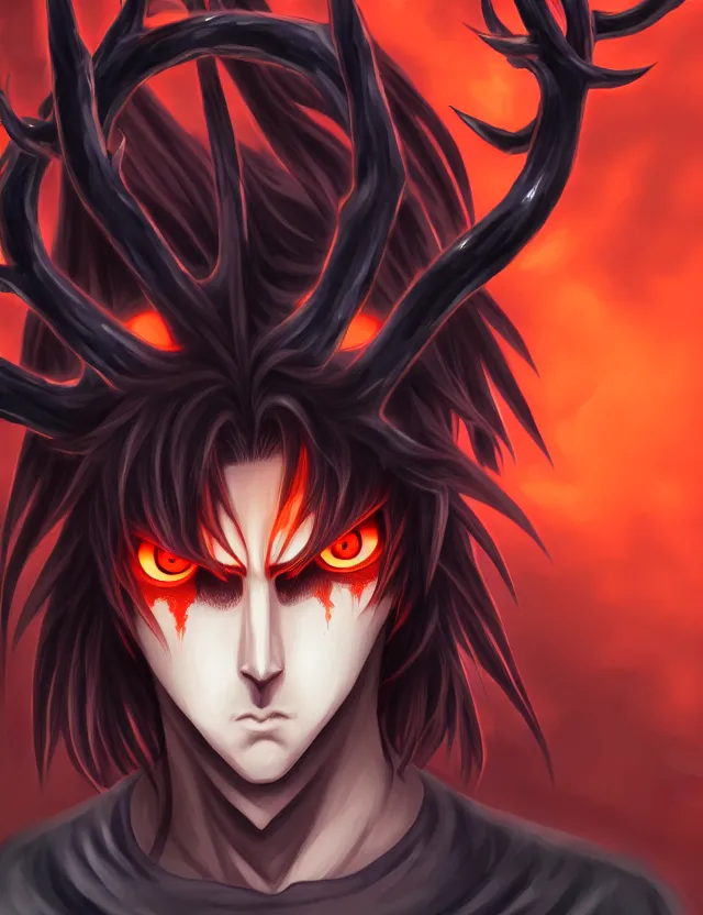 Image similar to a detailed manga portrait of a shadowy handsome demon boy with dark antlers and long crimson hair and glowing orange eyes, trending on artstation, digital art, 4 k resolution, detailed, high quality, sharp focus, hq artwork, coherent, insane detail, character portrait
