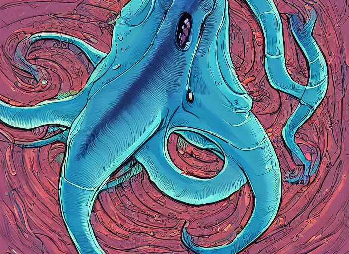 Image similar to a study of cell shaded cartoon of a giant squid underwater, road, illustration, wide shot, subtle colors, post grunge, concept art by josan gonzales and wlop, by james jean, Victo ngai, David Rubín, Mike Mignola, Laurie Greasley, highly detailed, sharp focus, alien, Trending on Artstation, HQ, deviantart, art by artgem