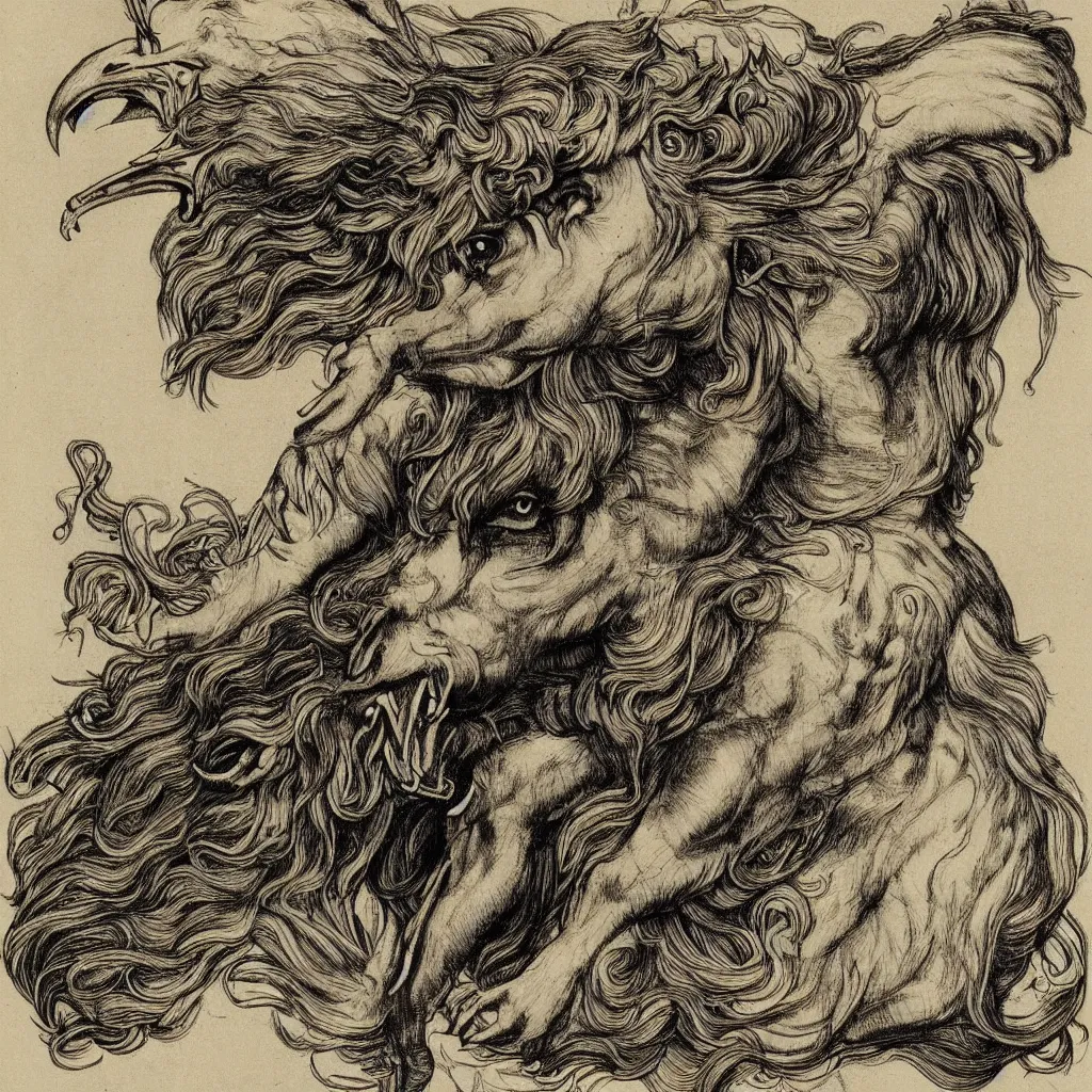 Prompt: human / eagle / lion / ox hybrid. horns, beak, mane, human body. drawn by da vinci