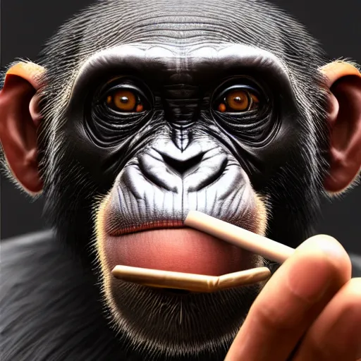 Image similar to a high detail shot of a chimp wearing a suit, smoking, render, cgsociety, photorealism