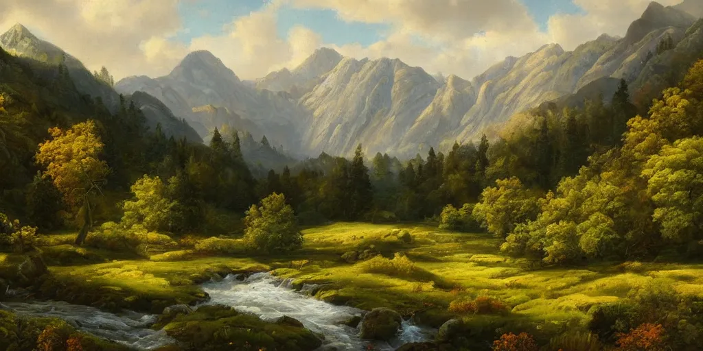 Prompt: a beautiful landscape painting of a mountainous valley with patches of woodland, by antony bridge, oil on canvas, highly detailed, hd, 4 k