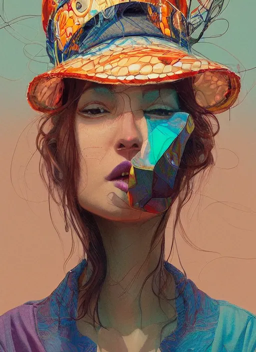 Image similar to brown eyes girl with abstract hat :: by Martine Johanna and Simon Stålenhag and Chie Yoshii and wlop and Guillermo del toro :: ornate, dynamic, particulate, rich colors, elegant, centered, artstation, smooth, sharp focus, octane render, 3d