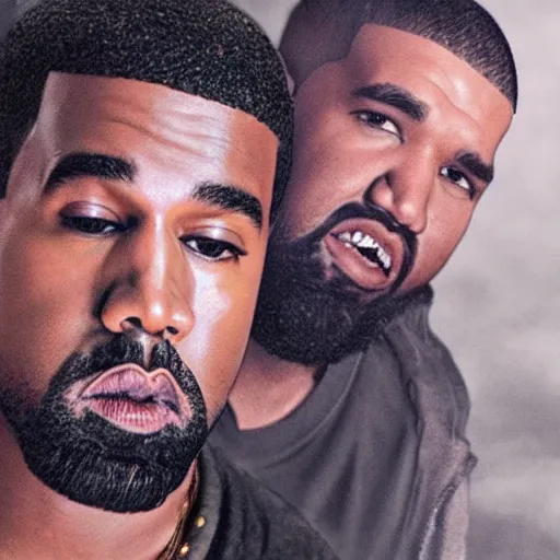 Prompt: A photo of Kanye West and Drake on the set of a music video, 8K concept art, realistic faces, detailed, f/35,