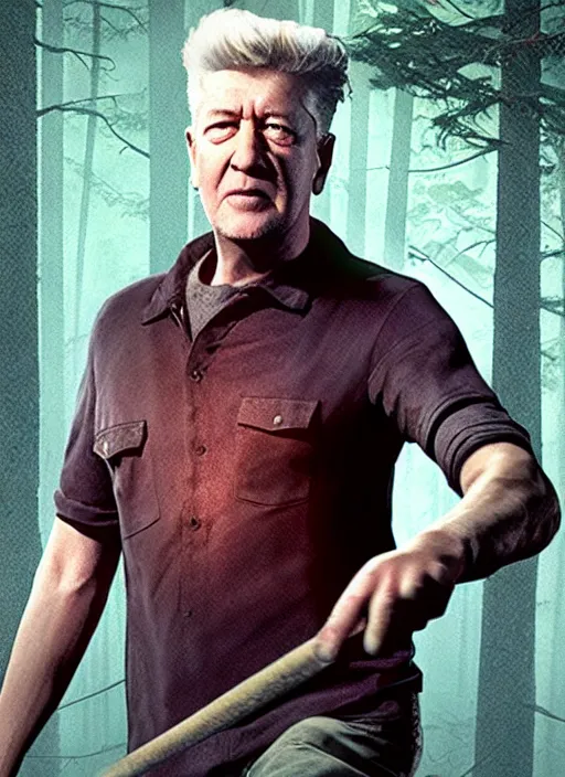 Image similar to screenshot of David Lynch in Friday the 13th The Game PS5, hi-res, 4k, ps5