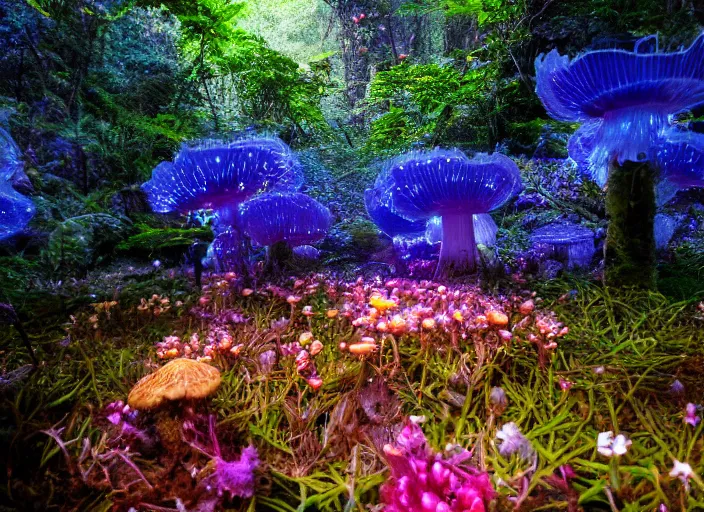 Image similar to glowing delicate flower and mushrooms that grow in fatansy forest on the planet Pandora,