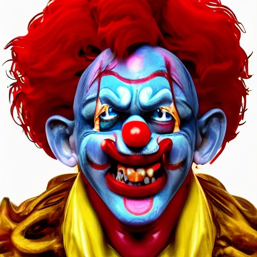 Image similar to 4K headshot of godlike clown with clown nose and defined arms and open hands and bloody clothes with giant mandala wings , intricate runny clown face make-up , flawless anime cel animation by Kentaro Miura, psychedelic , highly detailed upper body , professionally post-processed , beautiful, scary, symmetry accurate features, epic, octane rendered, anime masterpiece, accurate