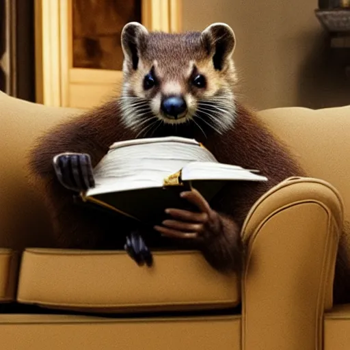 Prompt: A scene from a 2022 Marvel film featuring a humanoid pine marten reading on a couch. An anthropomorphic pine marten wearing a loose white shirt. 8K UHD.