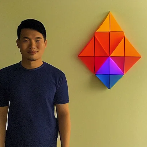 Image similar to a 2 6 year old vietnamese daytrader named jay standing proudly in front of triangular nanoleaf led lights on his wall