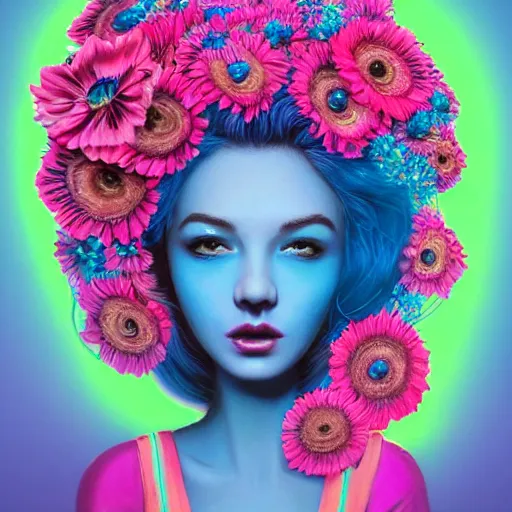 Image similar to intelligent young women with blue hair looking at the camera, she has a beautiful unconventional face, she is surrounded by an explosion of flowers in neon pink and blue intricate, elegant, highly detailed, digital painting, artstation, concept art, pop, smooth, sharp focus, illustration, art by mark ryden 3 d 8 k ultra detailed