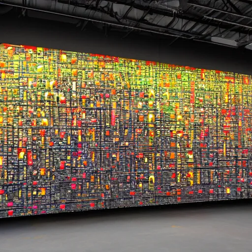 Image similar to a mountain made out of computer screens that display bitcoin logos, cinematic, post apocalyptic landscape, harsh contrast lighting, in the style of photorealism, made by richard estes robert cottingham gerhard richter robert longo ellen altfest