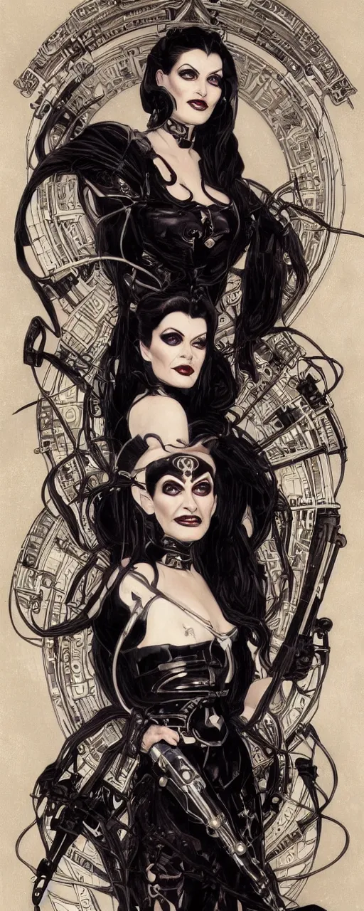 Prompt: a beautiful and captivating sci - fi art nouveau style portrait of lily munster as a futuristic gothpunk rebel soldier by chris achilleos, travis charest and alphonse mucha, mixed media painting, photorealism, extremely hyperdetailed, perfect symmetrical facial features, perfect anatomy, ornate declotage, circuitry, technical detail, confident expression, wry smile