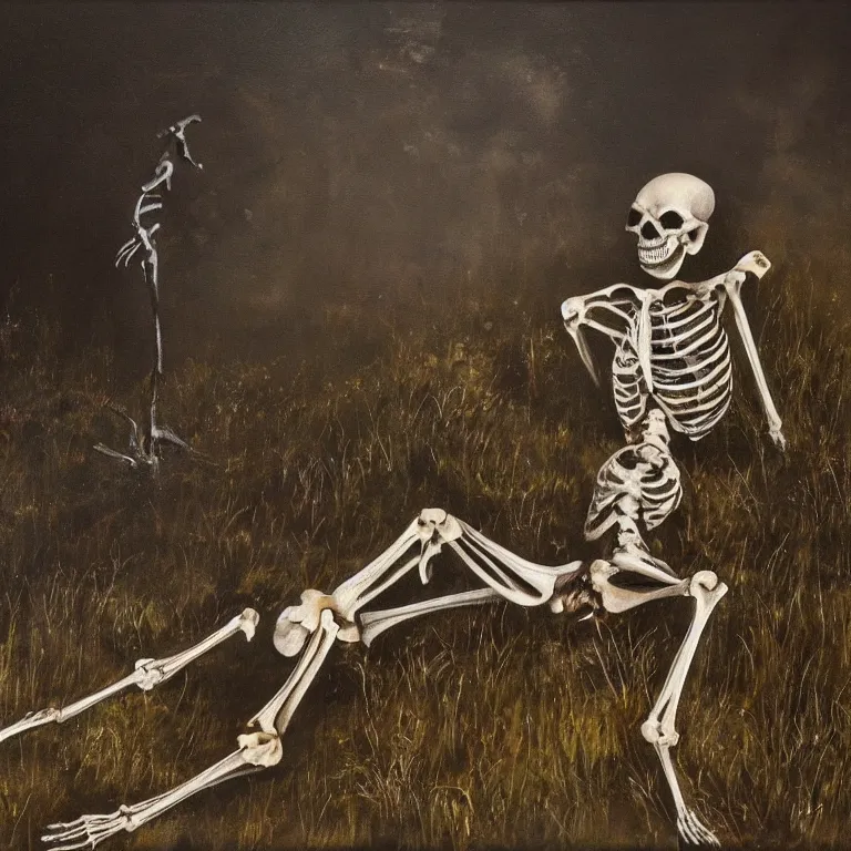 Prompt: dark, beautiful atmospheric painting of decaying skeleton and bones. in a meadow