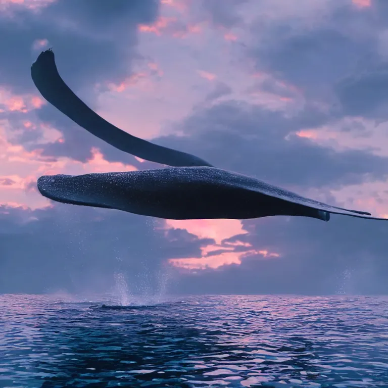 Image similar to vfx shot by weta digital and industrial light and magic ilm, a stunning beautiful blue whale made out of shiny reflective dripping liqud chrome swimming through fluffy giant sunset clouds, octane render, cinema 4 d, ray traced lighting, very short depth of field, bokeh