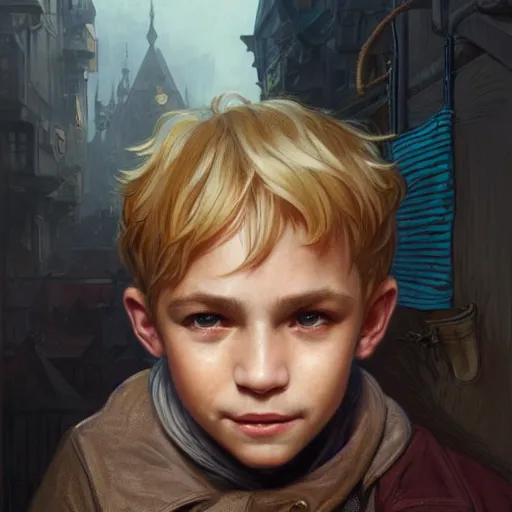 Image similar to portrait of a young boy thief in the slums of a fantasy city, dirty blonde hair, d & d, fantasy, joyful smirk, intricate, elegant, highly detailed, digital painting, artstation, concept art, matte, sharp focus, illustration, art by artgerm and greg rutkowski and alphonse mucha