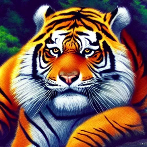 Image similar to bob ross mixed with a tiger