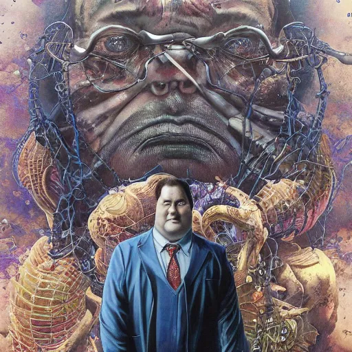 Prompt: realistic detailed image of Brian Baumgartner at the office, by Ayami Kojima, Amano, Karol Bak, Greg Hildebrandt, and Mark Brooks, Neo-Gothic, gothic, rich deep colors. Beksinski painting, part by Adrian Ghenie and Gerhard Richter. art by Takato Yamamoto. masterpiece