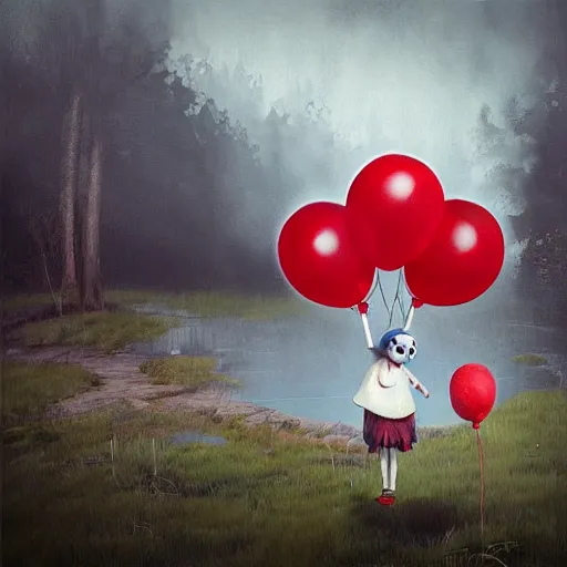 Image similar to grunge cartoon landscape painting of bilie eilish with a wide smile and a red balloon by - michal karcz, loony toons style, pennywise style, horror theme, detailed, elegant, intricate