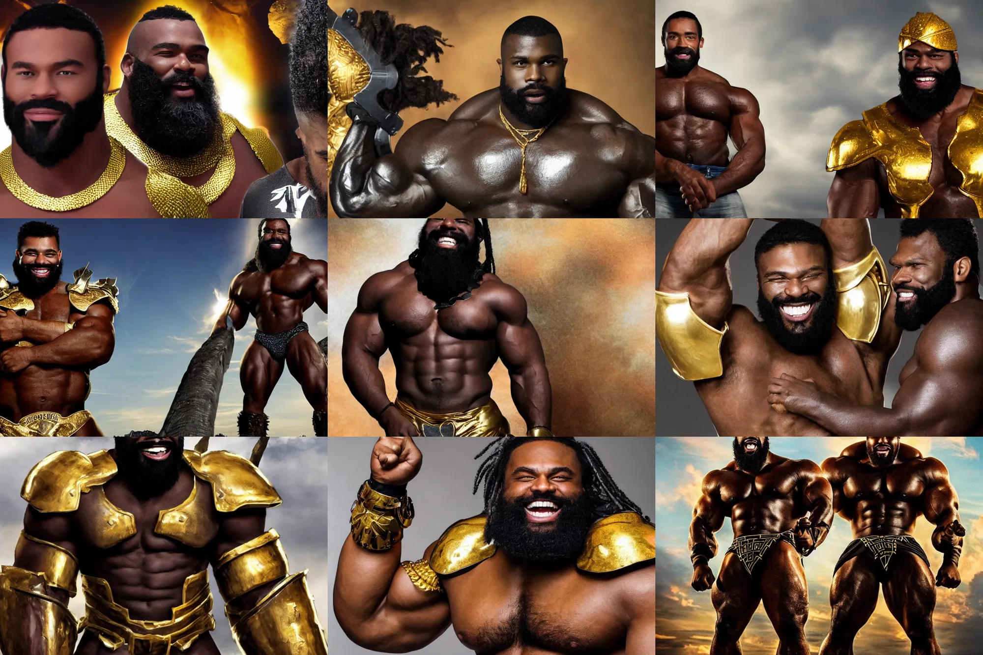 Prompt: african american gigachad with thick black beard, huge glistening muscles, big smile, wearing golden armour. hd dolby digital, acrylic masterpiece.