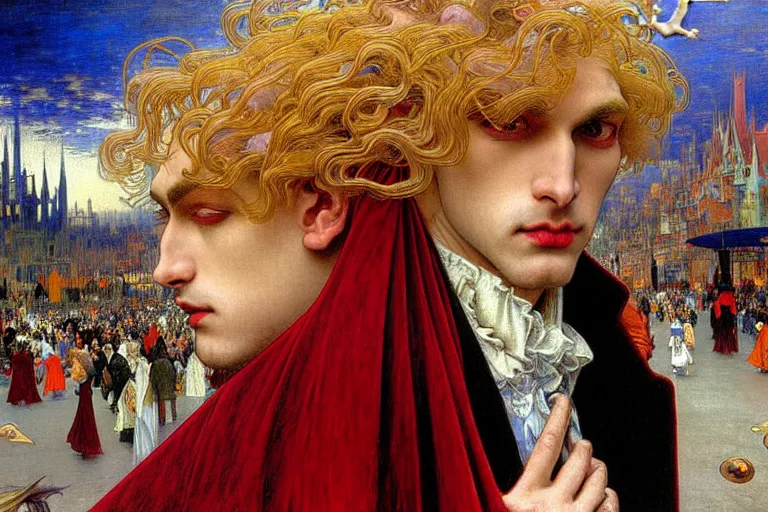 Image similar to realistic extremely detailed closeup portrait painting of an elegant blond male vampire in a cape, detailed crowded crowded city street on background by Jean Delville, Amano, Yves Tanguy, Ilya Repin, Alphonse Mucha, William Holman Hunt, Ernst Haeckel, Edward Robert Hughes, Roger Dean, rich moody colours