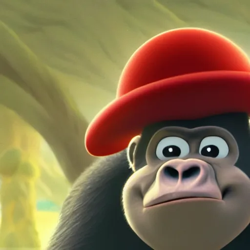Prompt: a wholesome animation key shot of a gorilla holding a very small red mushroom, chilled out smirk on face, studio ghibli, pixar and disney animation, sharp, rendered in unreal engine 5, anime key art by greg rutkowski, bloom, dramatic lighting