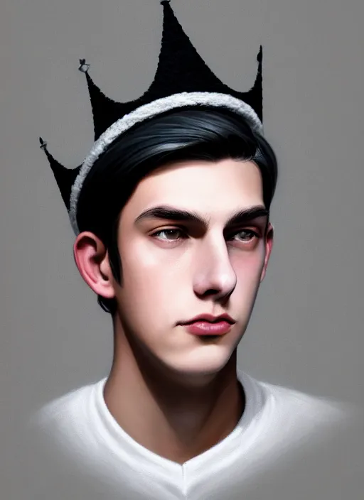 Prompt: portrait of teenage jughead jones wearing a light grey crown, photorealistic, crown made of fabric, crown made of felt, black hair, intricate, elegant, highly detailed, digital painting, glowing lights, artstation, concept art, smooth, sharp focus, illustration, art by wlop, mars ravelo and greg rutkowski