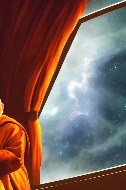 Image similar to portrait of a monk in a spaceship, window, nebula, orange robe, dramatic lighting, artstation, matte painting, ralph mcquarrie