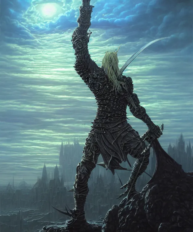 Prompt: elric of melnibone, artwork by michael whelan, full figure, action pose, dramatic lighting, cinematic, hyperrealistic, highly detailed, artstation, fantasy background setting including a city, weird - dreamlike landscape and dramatic sky