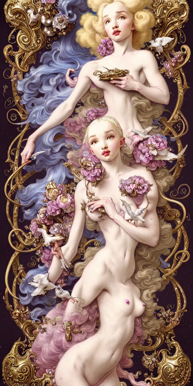 Prompt: beautiful dove cameron baroque rococo fantasy character portrait, ultra realistic, intricate details, the fifth element artifacts, highly detailed by peter mohrbacher, hajime sorayama, wayne barlowe, boris vallejo, aaron horkey, gaston bussiere, craig mullins alphonse mucha, rococo curves swirls and spirals, flowers pearls beads crystals jewelry goldchains scattered