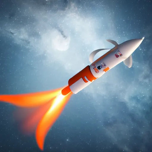 Prompt: orange and white rocket flying through the sky, a digital rendering by christopher moeller, shutterstock contest winner, space art, ue 5, redshift, uhd image