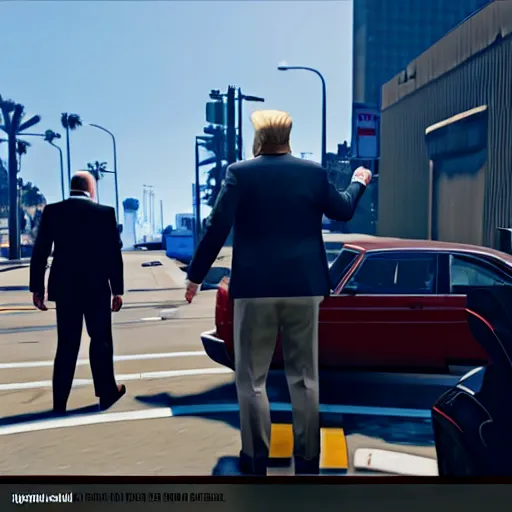 Image similar to donald trump busted in gta v gameplay, isometric view, ps 5 screenshot, third person perspective, 3 d render, cryengine, highly detailed