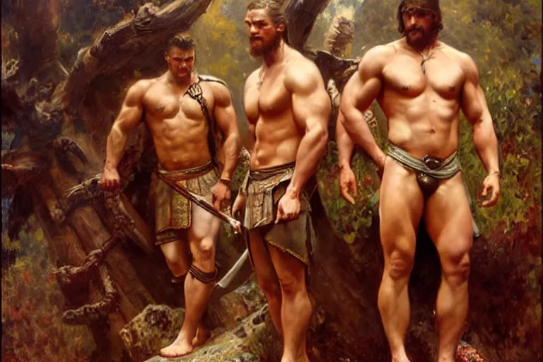 Image similar to 2 muscular attractive men, game of thrones, painting by gaston bussiere, craig mullins, greg rutkowski, alphonse mucha