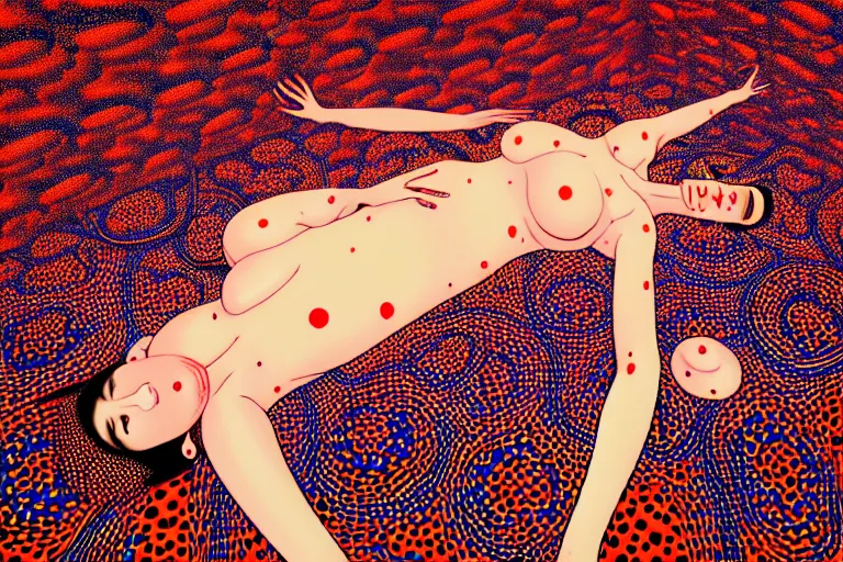 Image similar to realistic detailed image of a woman laying down in a padded room, conjuring psychedelic background, part by takato yamamoto, part by yayoi kusama, part by alex gray, ross tran, james jean, ultra realistic, octane render, highly detailed, 8 k, trending on artstation, cosmic, symmetry, masterpiece