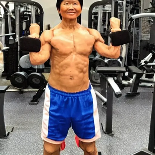Image similar to A very muscular BongBong Marcos flexing in the gym