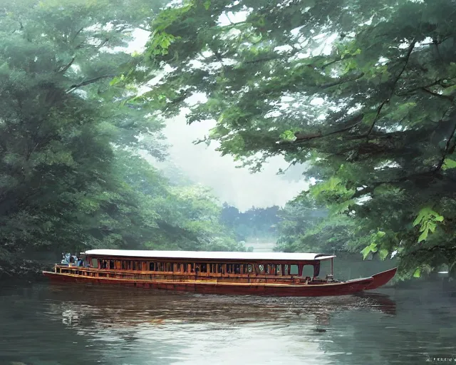 Image similar to one single wooden steam boat in a very narrow river, trees, shady, ripples, reflections. 3 boys and girls are standing in the boat. By Makoto Shinkai, Stanley Artgerm Lau, WLOP, Rossdraws, James Jean, Andrei Riabovitchev, Marc Simonetti, krenz cushart, Sakimichan, trending on ArtStation, digital art.