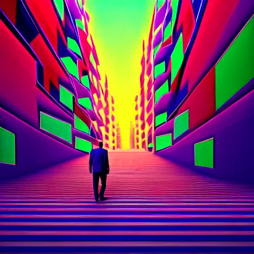 Image similar to photo - realistic, painting of a man walking alone in the boulevard of psychedelic dreams, trippy stairs in the background highly detailed, hyper detail, sharp, in the style of beeple, mobeius, rule of thirds, unreal engine trending on artstation