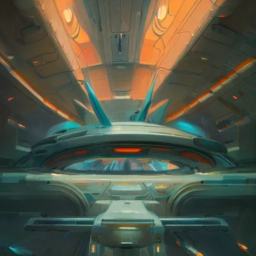 Prompt: Art Nouveau Starship in a docking bay by greg rutkowski and thomas kinkade, Trending on artstation, teal and orange color scheme