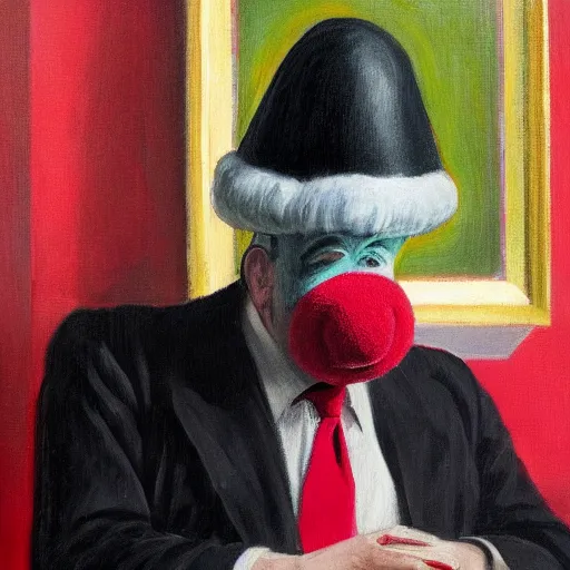Prompt: a highly detailed fine art portrait of british prime minister boris john wearing a clown costume. in the style of edward hopper, richard hamilton.