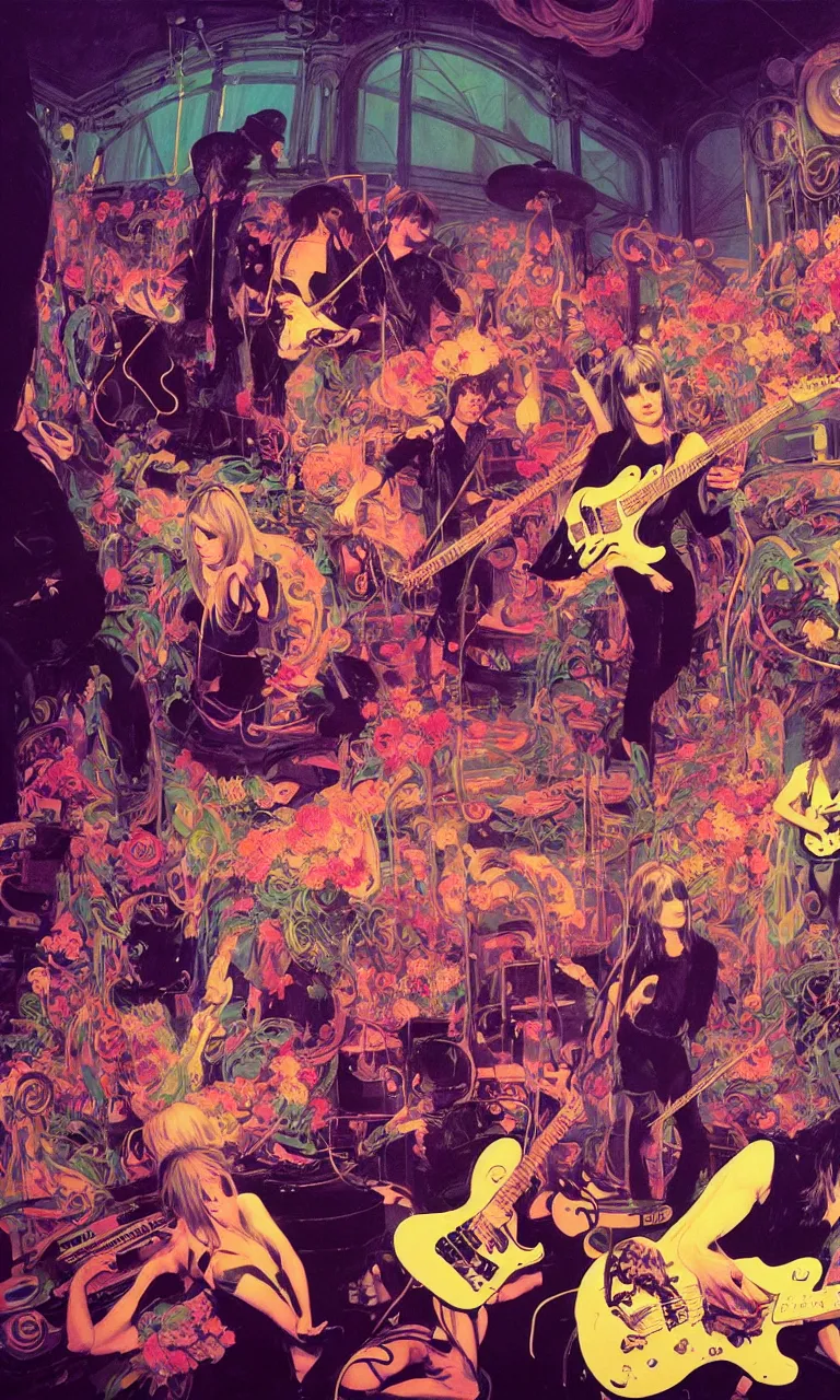 Image similar to the velvet underground and nico playing live on stage at a night club, beautiful stage decoration with flowers in the background, painting by james jean and syd mead and gaston bussiere, very detailed and colorful and toned down and ornamental and moody and cool and relaxed and high on drugs, trending on artstation, behance contest winner