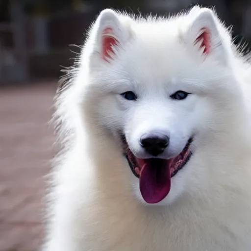 Prompt: A photo of a Samoyed dog with its tongue out hugging a white Siamese cat