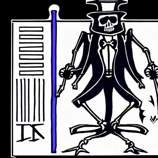 Prompt: DND character, skeleton, Tall skeletal figure, wearing a deep black suit and tie and top hat. golden cane in his right. Light blue flames envelop his whole body