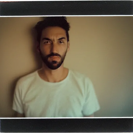 Image similar to soft polaroid photo of man that just woke up and lying in his bed, cinestill 800t, wide angle lens