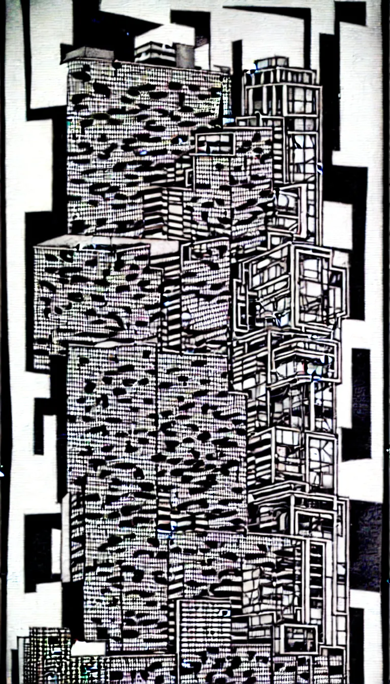 Image similar to a black and white drawing of a building, a detailed mixed media collage by hiroki tsukuda and eduardo paolozzi, intricate linework, sketchbook drawing, street art, polycount, deconstructivism, matte drawing, academic art, constructivism