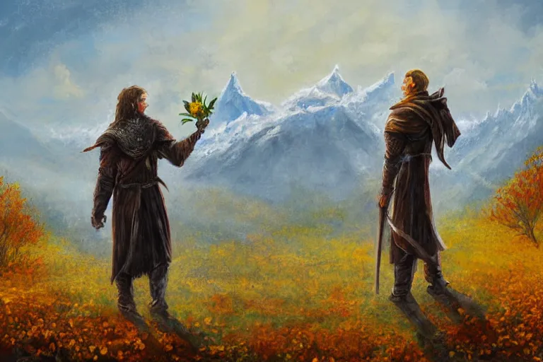 Prompt: concept art, mood painting, environment painting, gondor man holding white flower looking at flower large field autumn october snow capped mountains in background lord of the rings lotr. style of, ryan church, jon mccoy, george hull, painting